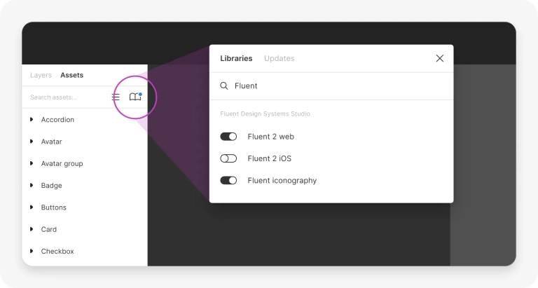 Figma libraries panel with Fluent libraries enabled